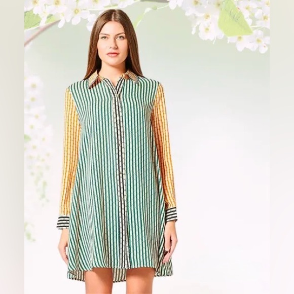 Gracie’s XL shirt dress color blocked and striped with gold button detail. - Picture 1 of 8